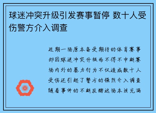 球迷冲突升级引发赛事暂停 数十人受伤警方介入调查